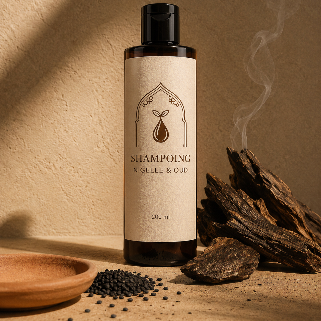Flacon de shampoing nigelle & oud 200 ml, étiquette beige, bouchon noir, sur support en bois