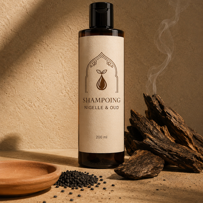 Flacon de shampoing nigelle & oud 200 ml, étiquette beige, bouchon noir, sur support en bois