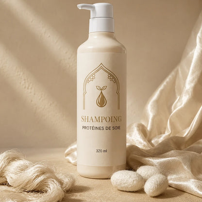 Shampoing protéines de soie 320 ml, flacon ivoire à pompe et étiquette dorée