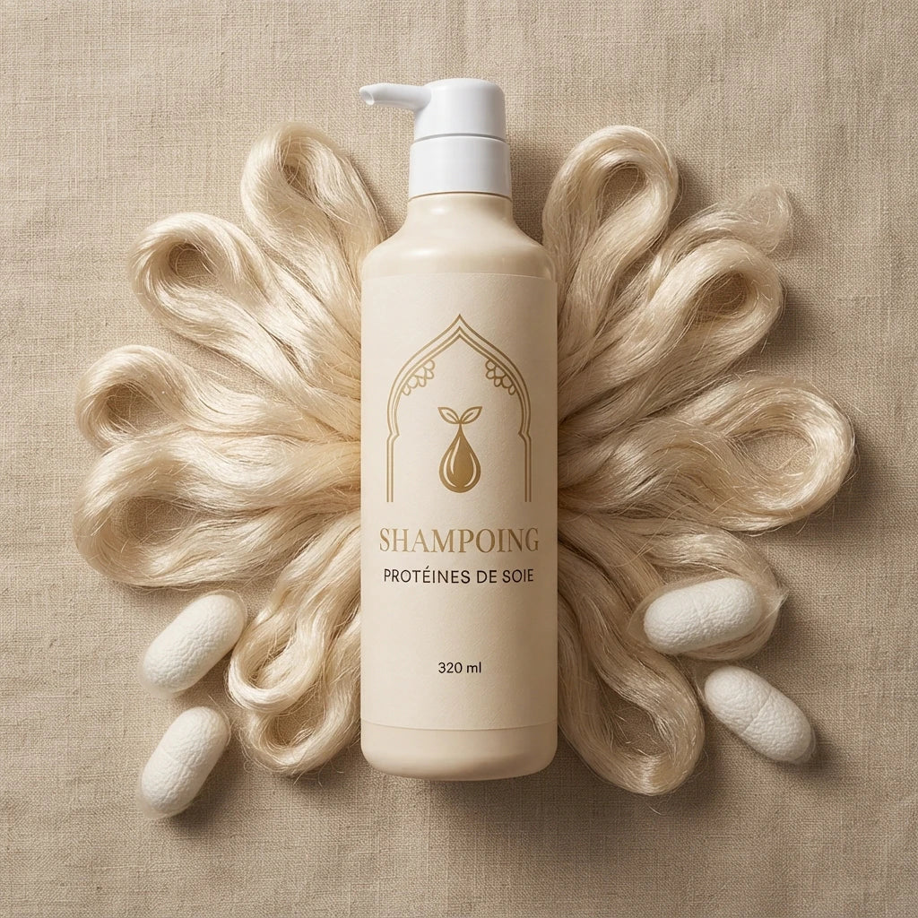 Flacon de shampoing protéines de soie 320 ml à pompe, étiquette dorée sur fond clair