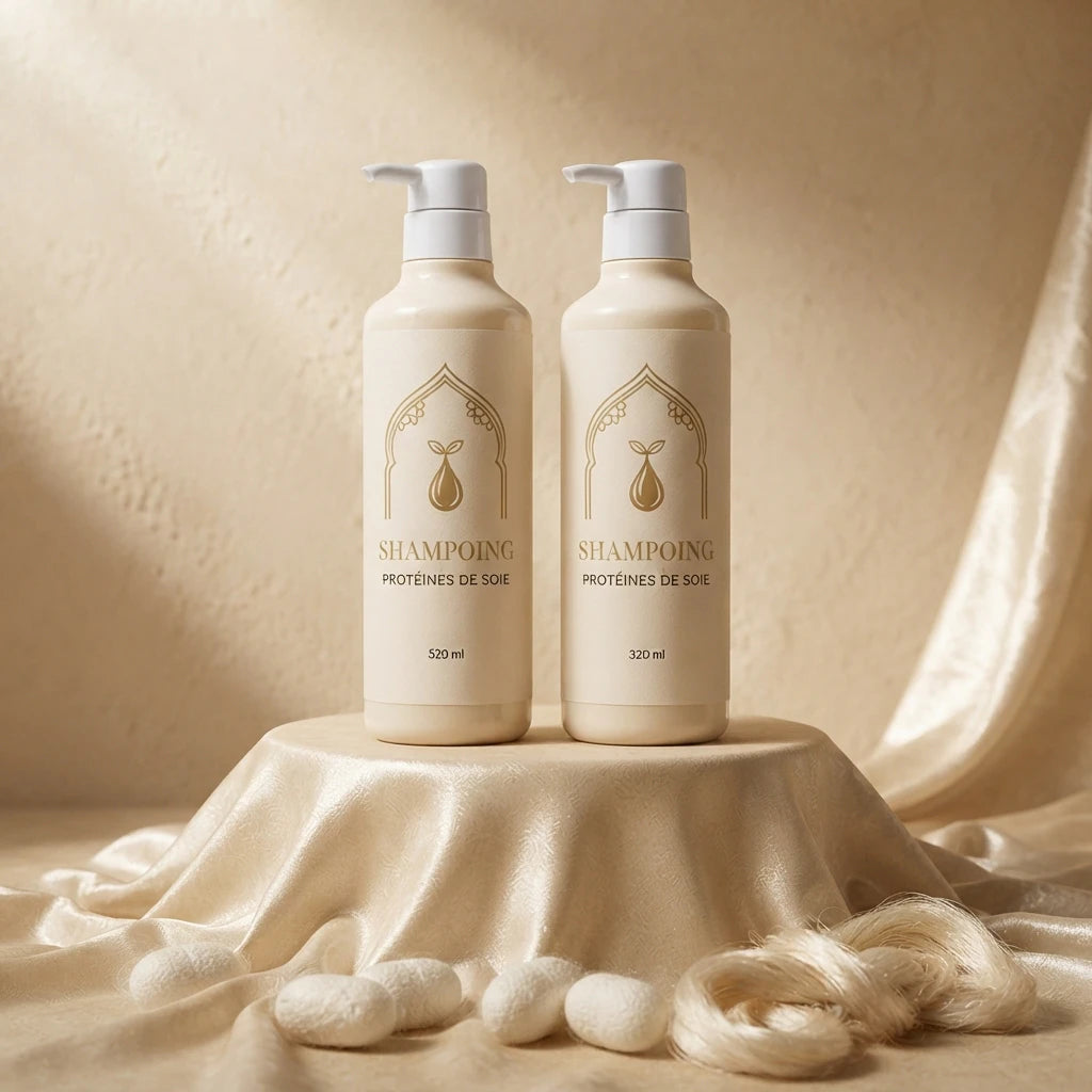Paire de shampouings protéines de soie 320 ml, flacons ivoire à pompe et étiquettes dorées