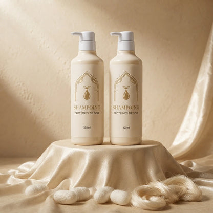 Paire de shampouings protéines de soie 320 ml, flacons ivoire à pompe et étiquettes dorées