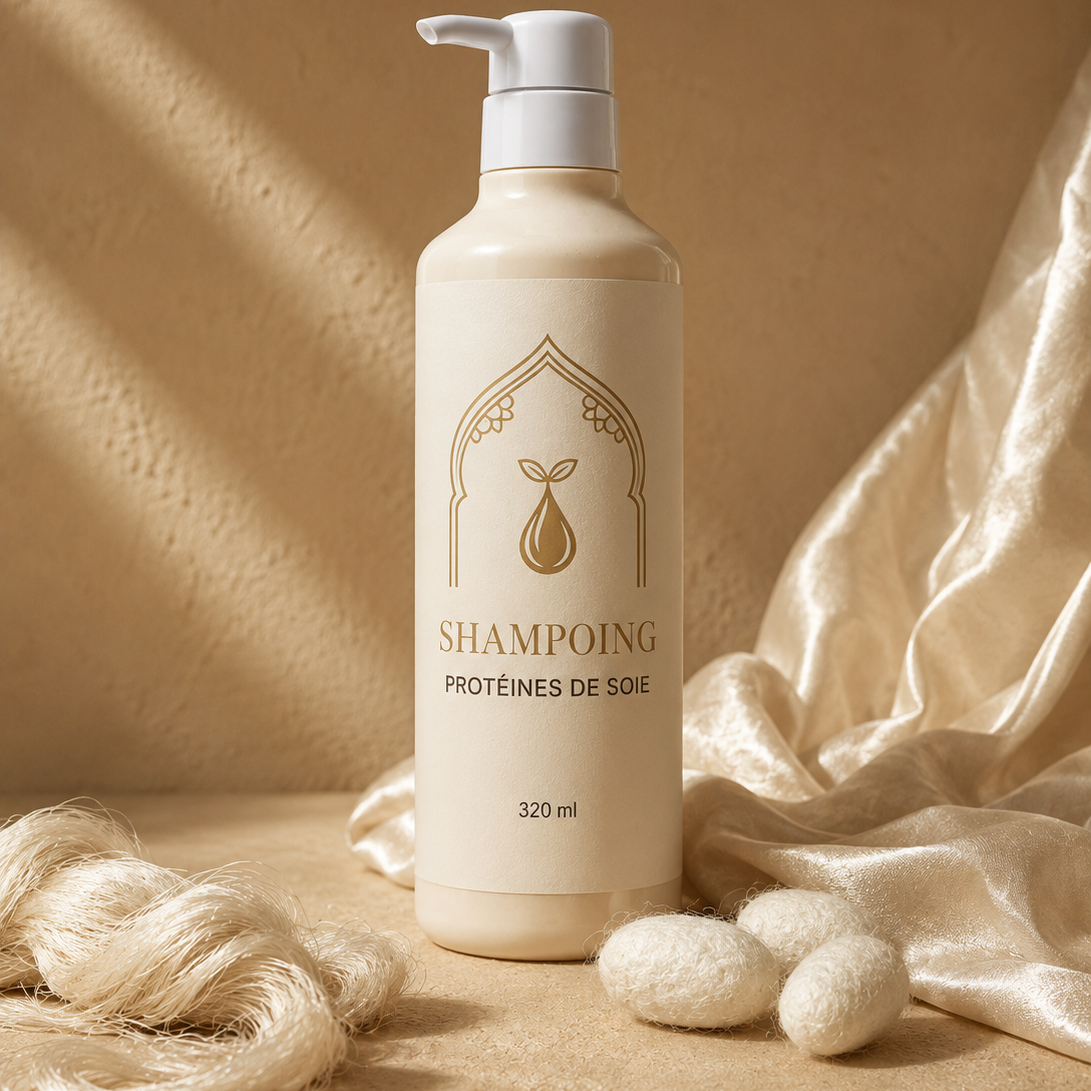 Shampoing protéines de soie 320 ml, flacon ivoire à pompe, étiquette dorée