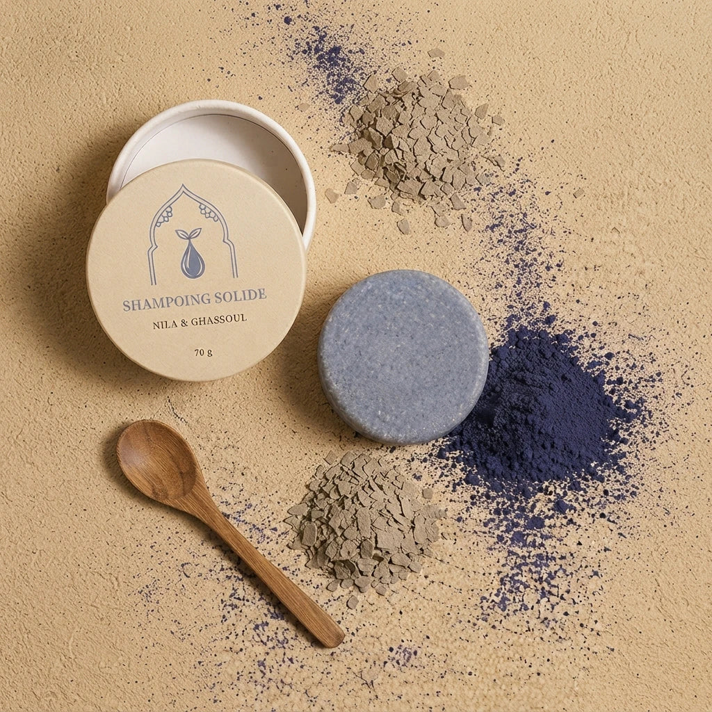 Shampoing solide rond gris bleuté en pot, étiquette Nila & Ghassoul, 70 g