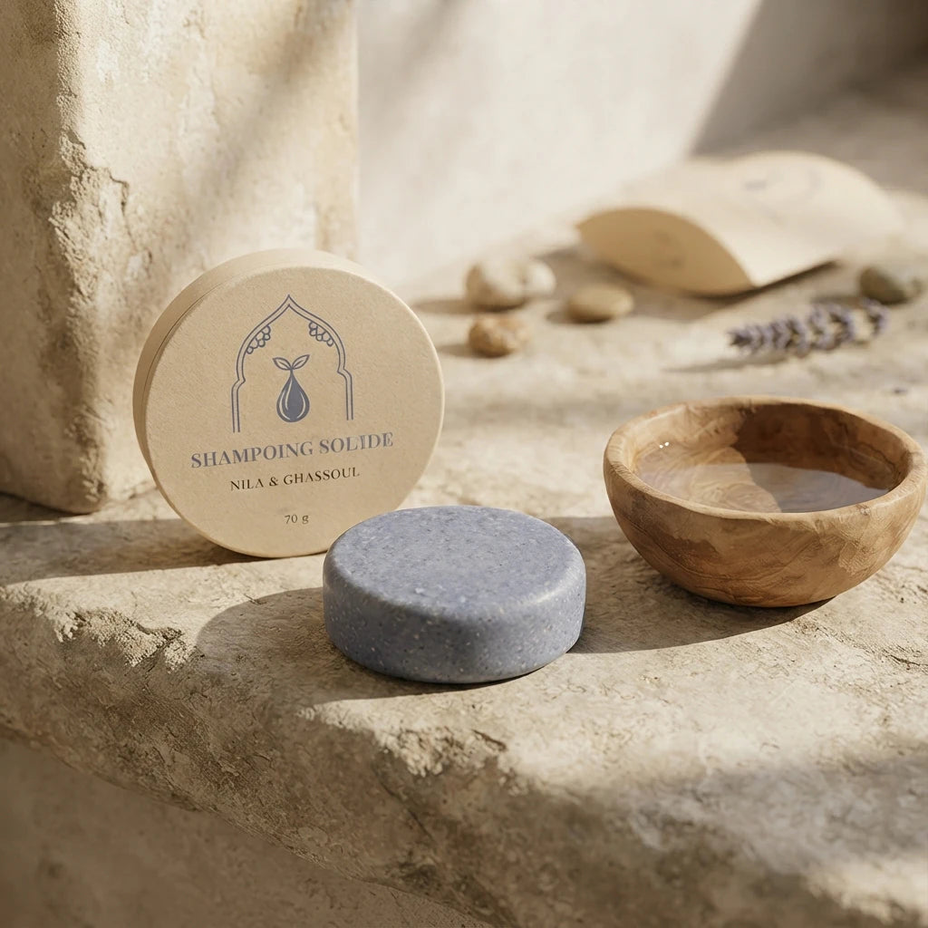 Shampoing solide rond gris bleuté avec pot Nila & Ghassoul, 70 g