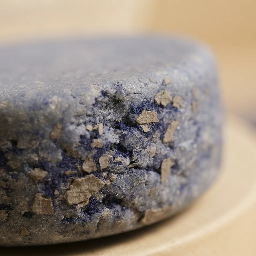 Pain de shampoing solide gris bleuté, texture avec particules bleu foncé et sable
