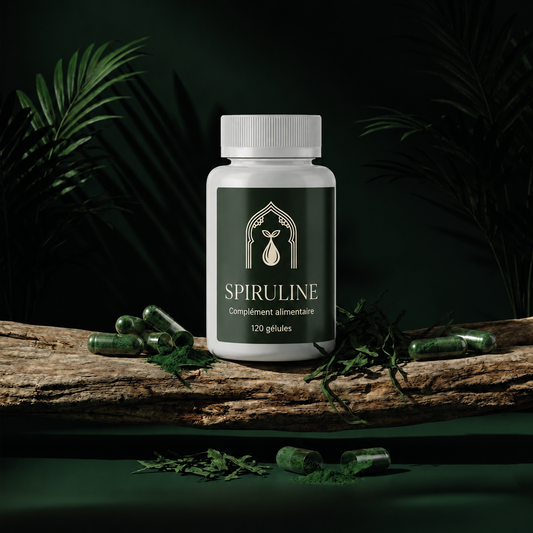 Flacon de compléments alimentaires Spiruline, gélules vertes et poudre.