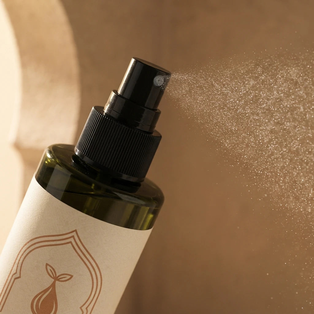 Tête de pompe d’un spray fortifiant, goulot noir et flacon ambré avec étiquette