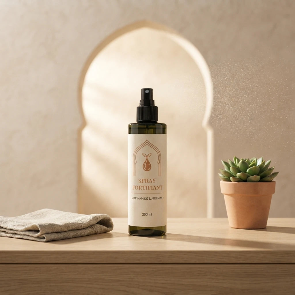 Flacon spray fortifiant 200 ml, pompe à brumisation noire et étiquette beige claire