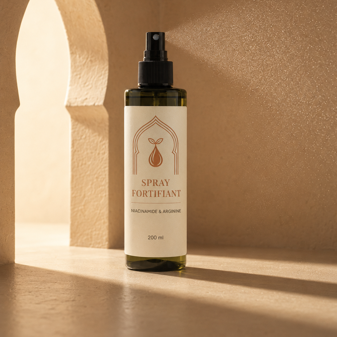 Bouteille spray fortifiant 200 ml, pompe noire, étiquette beige avec pictogramme