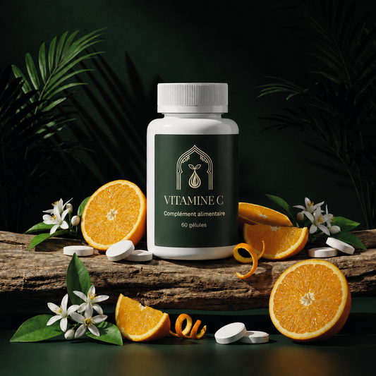 Bocal vert de complément Vitamine C avec gélules et rondelles d’orange